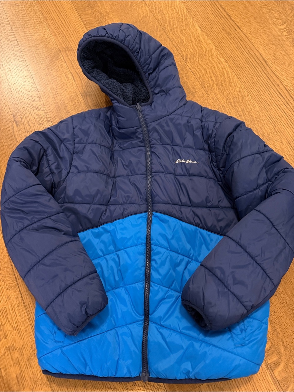 Eddie Bauer Navy and Bright Blue Hooded Puffer Jacket/Reversible
